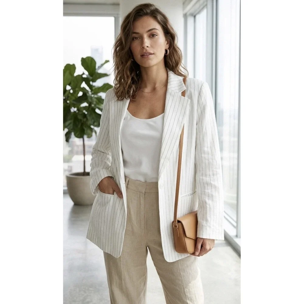 Banana Republic Relaxed Fit Pinstripe Linen Blazer Size 14 Tall 90's